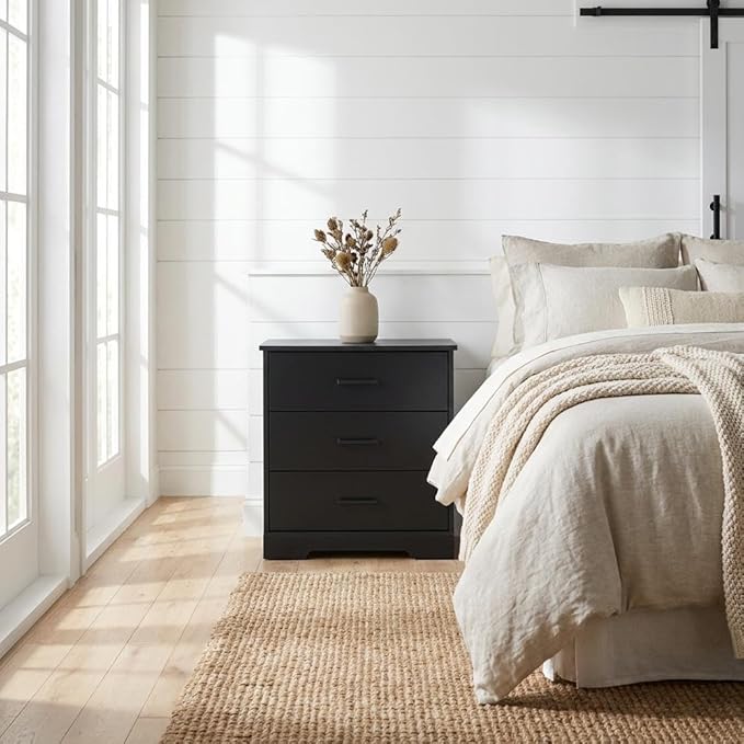 Furnifact Black Nightstand Bedside Table with 3 Drawers, Laminate Finish, Rectangular Shape, Farmhouse Style, Durable Construction for Bedroom Addition