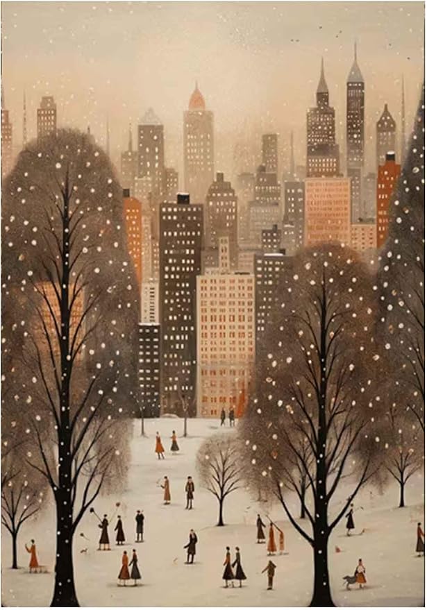 Snowy Winter City Park Scene Paint by Numbers for Adults, Vintage Urban Landscape DIY Painting Kit, Cozy Home Decor 24 Colors 20x24 inch Framed