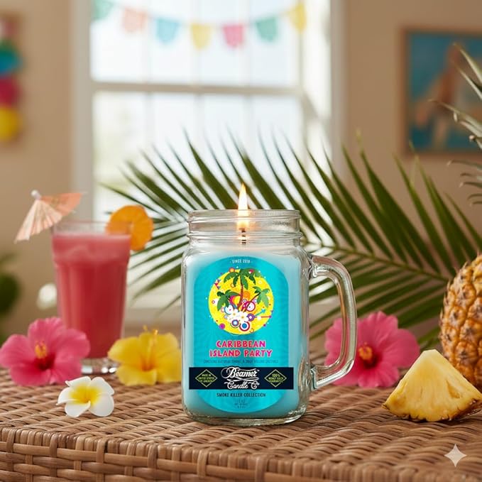 Caribbean Island Party Candle – Odor Eliminating, Strong Scent – Tropical Fruit & Warm Spice – Long Lasting 90 Hour Burn – Large 12oz Mason Jar – Made in USA – Beamer Candle Co.