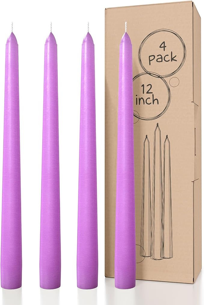 CANDWAX 12 inch Lilac Taper Candles Pack of 4 - Unscented Smokeless Dripless Candlesticks - Perfect as Easter Candles and for Special Occasions, Ordinary Dinners, Holidays - Lavender Candle Sticks