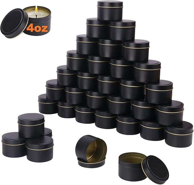 48 Pack Black Steel Round Candle Tins with Lids, 4 oz Capacity, Matte Black Finish for DIY Candle Making and Storage