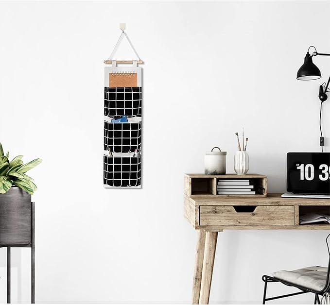 FuninCrea Wall Hanging Bag, Linen Fabric Hanging Organizer, Waterproof Storage Bag with 3 Pockets, Wall Organizer for Living Room, Bedroom, and Bathroom (Black)