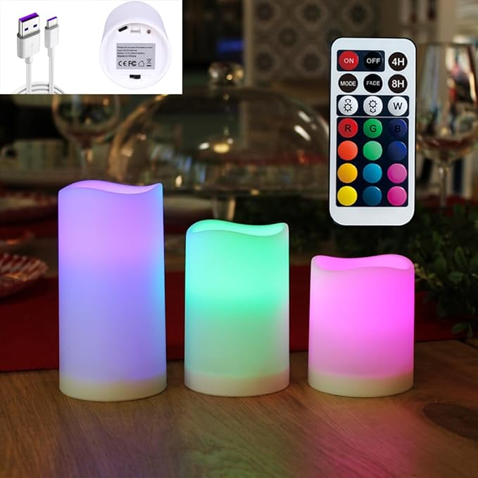 WRalwaysLX 3pack USB Type-C Rechargeable Color-Changing LED Pillar Candles with Remote Control, Dia2.5, H3 4" 5" for Bedroom, Living Room...