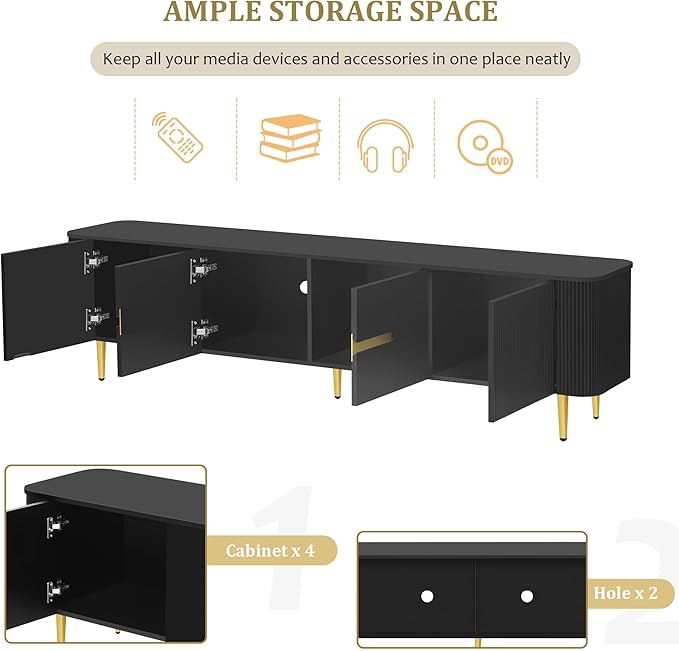 Amposei Modern TV Stand for up to 85-Inches TVs, Media Entertainment Center Console Cabinet with Storage for Living Room, Metal Legs, 78.7-Inch, Black