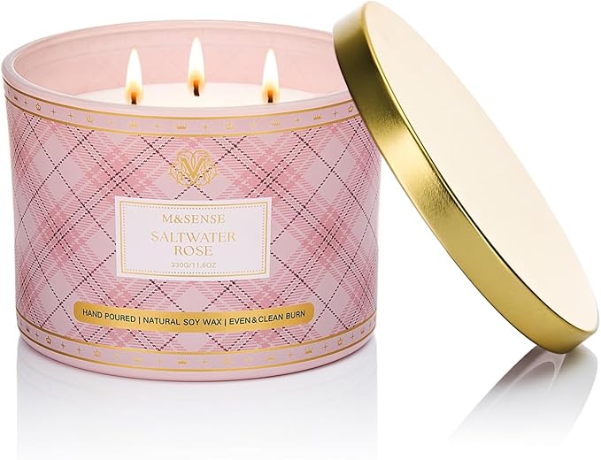M&SENSE Plaid Pattern 3 Wick Soy Candles,11.64 oz Large Saltwater Rose Scent Candle for Relaxation, Gifting, Home Décor | for Bedroom, Office, Party