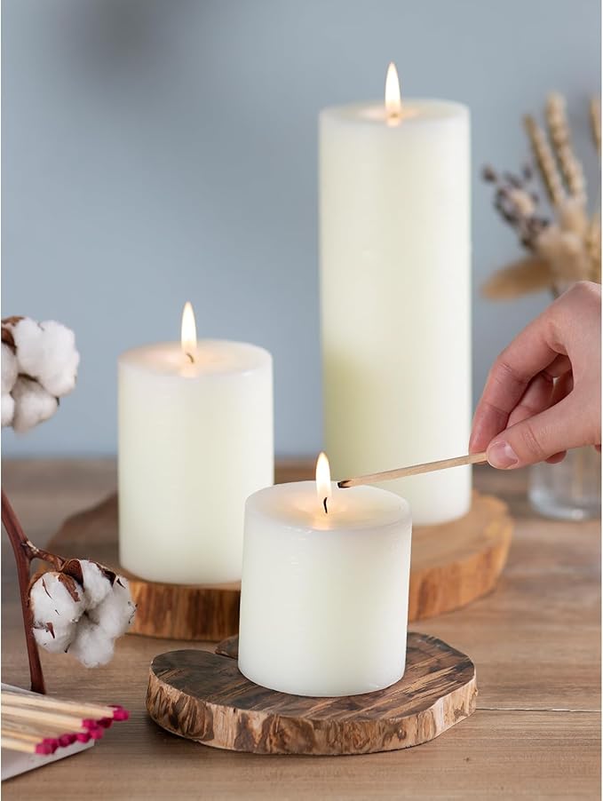 CANDWAX Assorted Pillar Candles Set of 3 – Sizes 3", 4", 8" Unscented Dripless Large Candles, Rustic Style Long Burning for Weddings, Home Decor – Ivory
