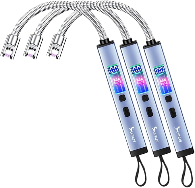 SUPRUS Electric Candle USB Type C Rechargeable 360° Flexible Neck Lighter with Upgraded LED Battery Display Safety Switch Flameless Plasma Windproof (Blue, 3Packs)