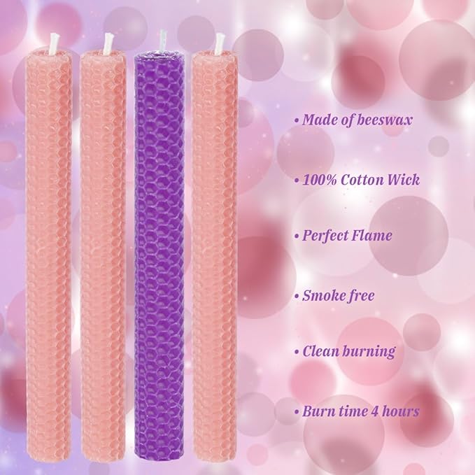 DEYBBY Natural Beeswax Taper Candles,Honeycomb Hand Rolled Beeswax Candles, Dripless and Smokeless Candle, Set of 4 Flat Top(Pink Purple)