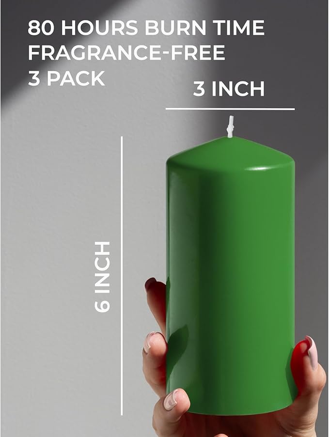 Candwax Green Pillar Candles Set of 3 - Perfect as Christmas Centerpiece Table Decorations - 80-Hour Burn Time Self-Extinguishing Candles for Home Decor - Cone-Top Grass Green Pillar Candles 3x6