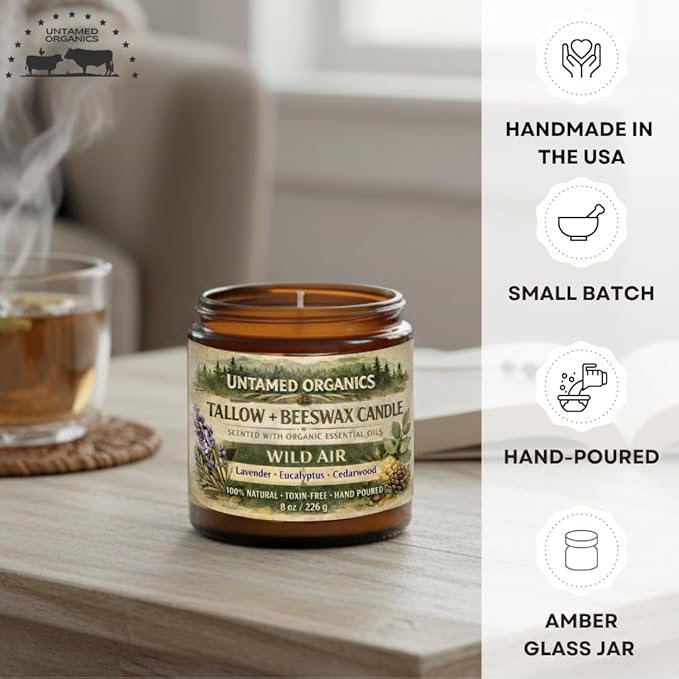 Grass-Fed Tallow Candle, Essential Oil Scented (Lavender Eucalyptus Cedarwood), No Synthetic Fragrance, Non-Toxic, 100% Cotton Wick, Hand Poured, 8 oz Amber Glass Jar, 50+ Hr Burn