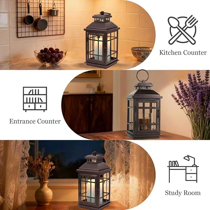 Candle Warmer Lamp with Timer, Farmhouse Enclosed Lantern Style for Jar Candles Under 4" in Diameter, Dimmable Auto Shut-Off Flameless Lamp, Housewarming Gift with 2 Bulbs (Coffee Gold & Black)