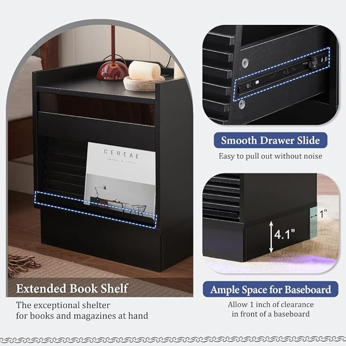 Mid Century Modern Nightstand with Charging Station LED Lights 2 Drawers Bedside Table for Bedroom Living Room (Black)