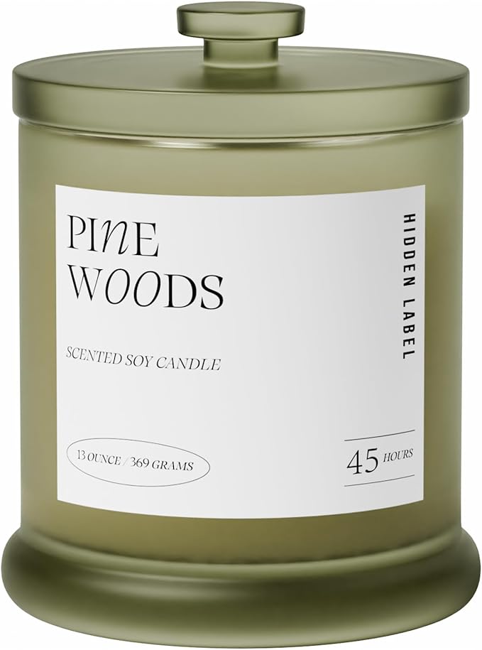 Hidden Label Pine Woods Scented Candle, 13oz Double Wick Soy Wax Candles for Home Scented, Fresh Christmas Tree & Balsam Fir Aroma | 45H Clean Burn Holiday Candles for Winter Decor & Gifts for Women