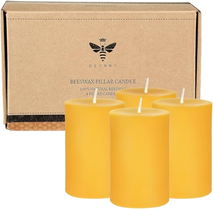 DEYBBY Natural Beeswax Pillar Candle 2x3 inch Set of 4, Dripless Smokeless Pure Beeswax Candle with Natural Scent for Prayer Home Relaxation,80 Hours Burning in Total,Yellow Raw