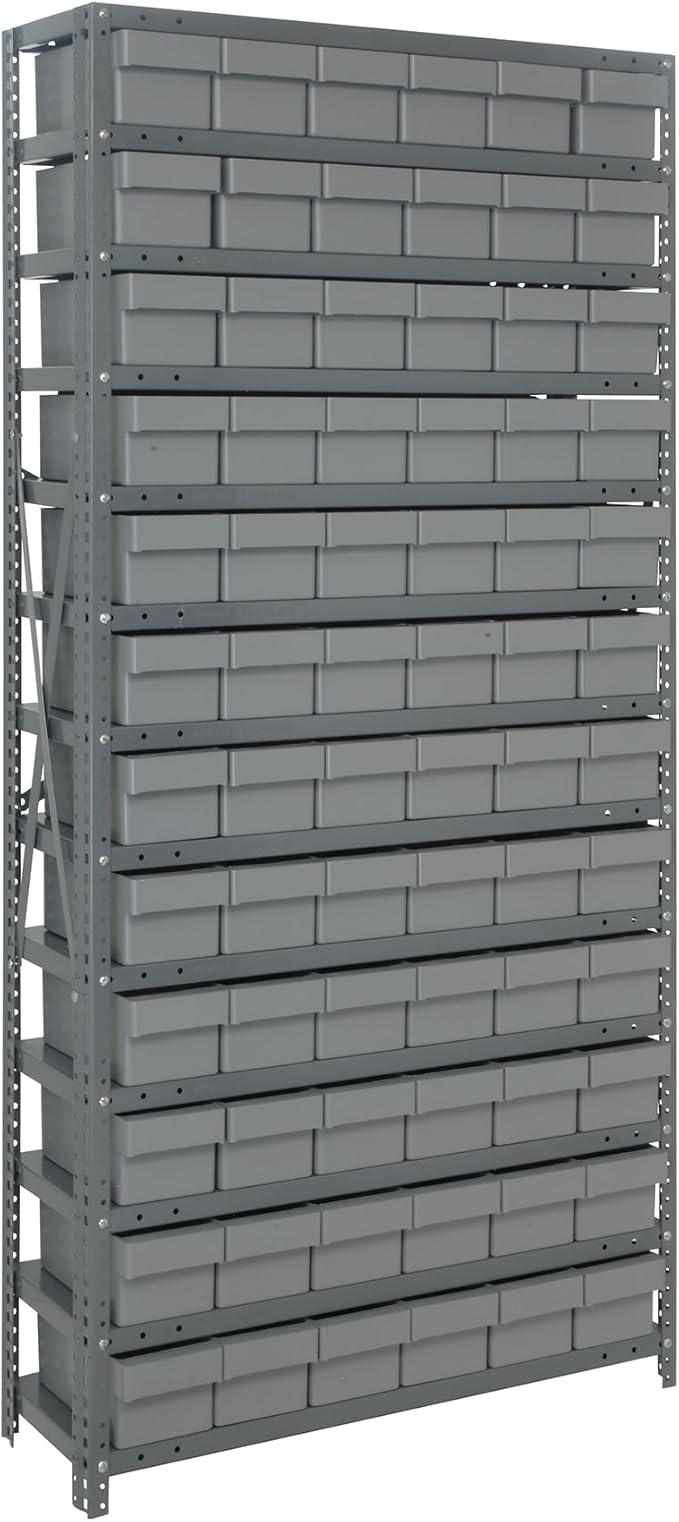 Quantum Storage Systems 1275-601GY Solid Heavy Duty 13 Shelves 72 Super Tuff Euro Gray Bins 75" H x 36" W x 12" D