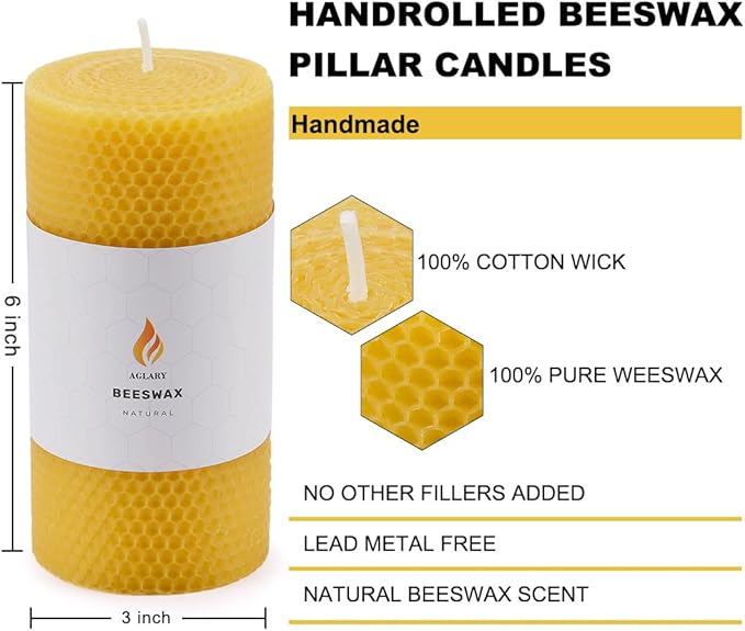 3PCS Beeswax Pillar Candles,Large Handmade Pure Beeswax Rolled Candle,Unscented & Dripless & Smokeless,3 * 6"