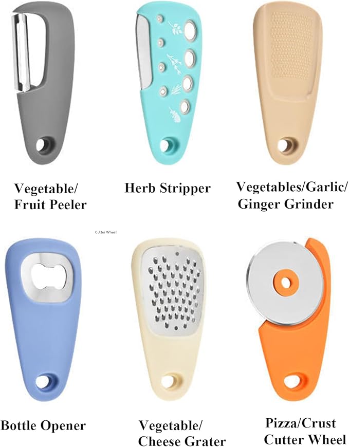 Kitchen Gadgets Set 6 Pieces, Space Saving Cooking Tools Kitchen Accessories-Garlic/Ginger Grinder, Cheese Grater, Vegetable/Fruit Peeler, Pizza Cutter, Herb Stripper, Bottle Opener, Gadgets Gift Set