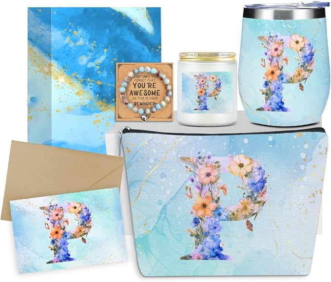 Personalized Gifts for Women Monogrammed Birthday Gifts for Women, Wife Girlfriend Wedding Christmas, Initial Wine Tumbler Makeup Bag Scented Candle Bracelet Set, (Aesthetic Blue Flower P)