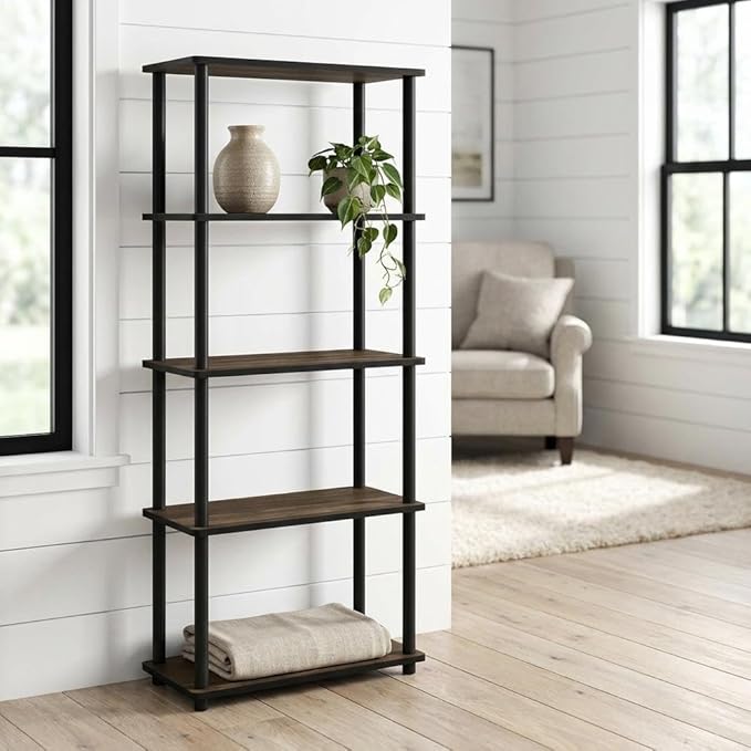 Furnifact Columbia Walnut Black Bookcase with Durable Wood Construction, Single Piece Design for Stylish Storage and Organization