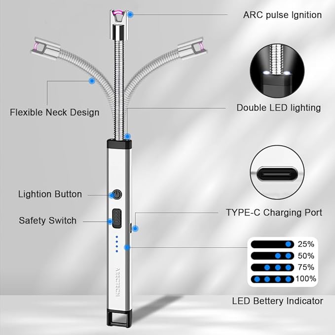 ARECTECH Candle Electric Lighter Rechargeable USB Arc Lighters for Candle Camping Fireworks Christmas Birthday Gifts with LED Light for Men Women Silver