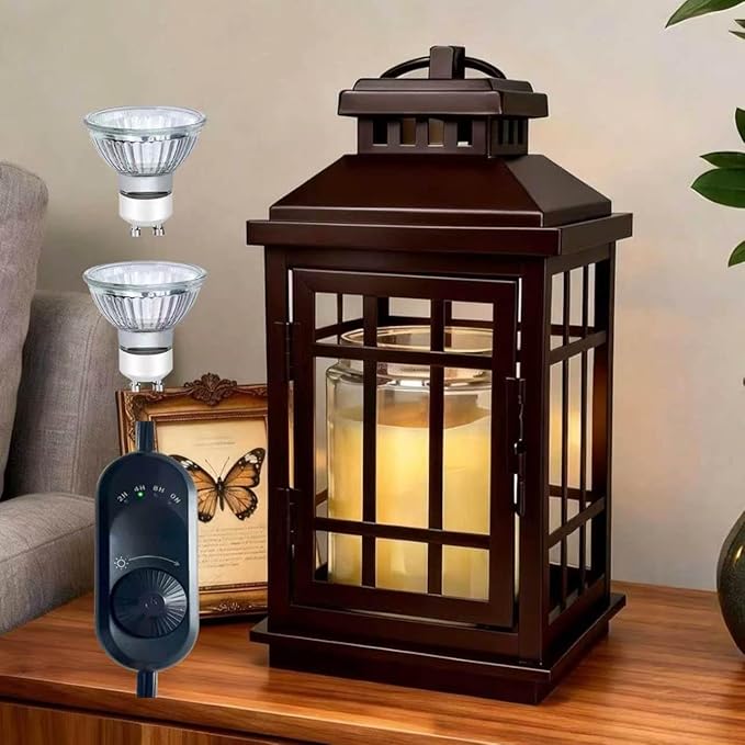 Candle Warmer Lamp with Timer, Farmhouse Enclosed Lantern Style for Jar Candles Under 4" in Diameter, Dimmable Auto Shut-Off Flameless Lamp, Housewarming Gift with 2 Bulbs (Coffee Gold & Black)