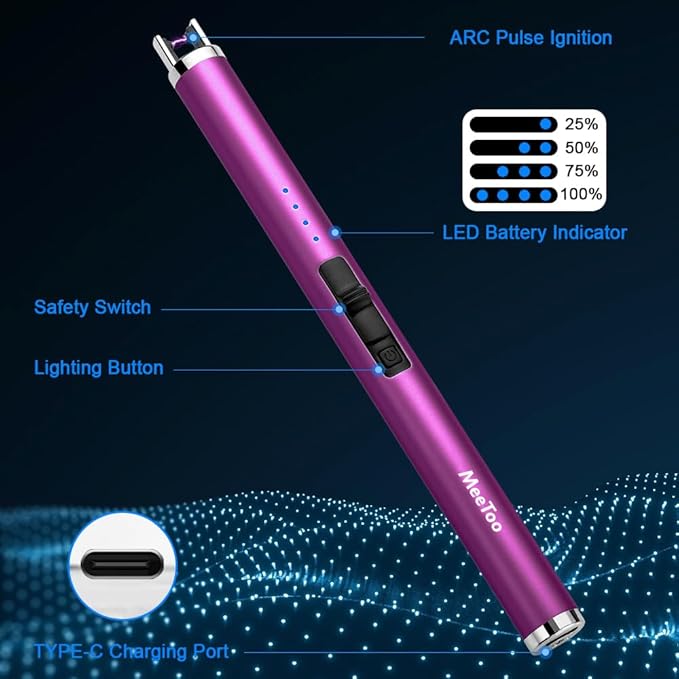 MeeToo Candle Electric Lighter Rechargeable USB Type-C Lighters for Candle Christmas Kitchen Camping Party, Gifts for Wife Women Men Nana Purple