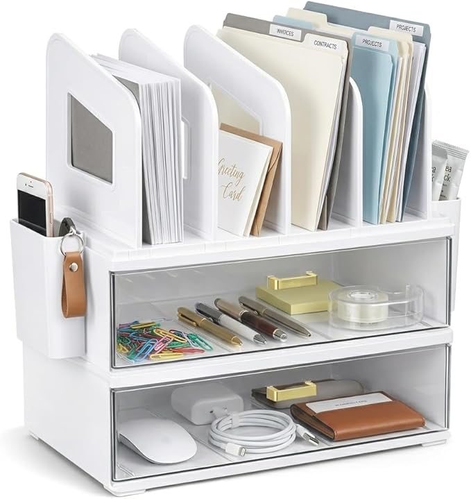 CiWiVOKi White Desk Organizer with 4 File Holder Slots, 2 Clear Drawers & Dual Pen Holders, Multi-Functional Office Supplies Desktop Storage for Home Office, Space-Saving Mail Sorter & Caddy