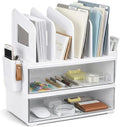 CiWiVOKi White Desk Organizer with 4 File Holder Slots, 2 Clear Drawers & Dual Pen Holders, Multi-Functional Office Supplies Desktop Storage for Home Office, Space-Saving Mail Sorter & Caddy