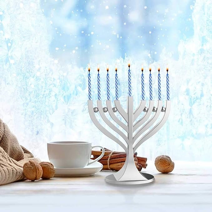 Zion Judaica Mini Classic Menorah with Mini Birthday Size Hanukkah Candles - Satin Silver Small Travel Minorah with 44 Blue and White Spiral Chanukah Candles - On The Go Hanukkiah Cute Hanukkah Gift
