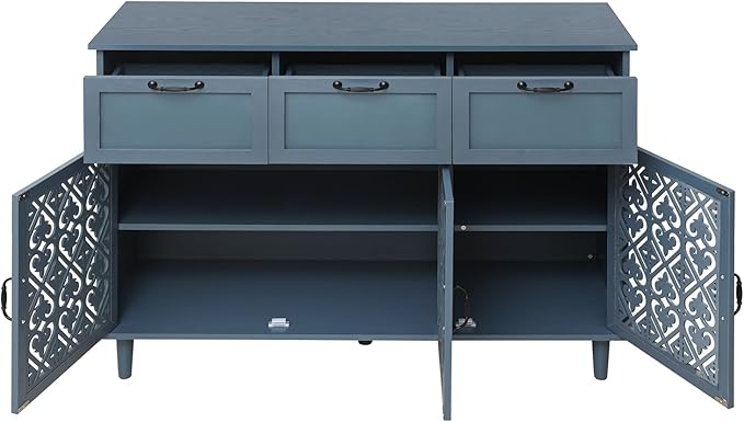 Blue 3 Doors 3 Drawers Buffet Sideboard Cabinet - Accent Cabinet with Adjustable Shelves，47 Inch Wide Wood Storage Cabinets for Dining Room,Living Room and Kitchen