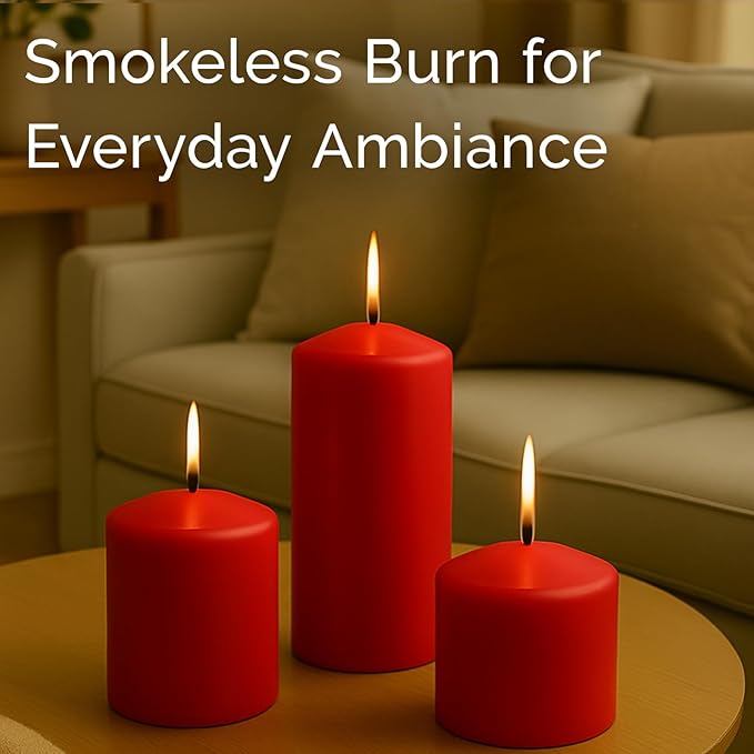 Stonebriar Unscented Pillar Candles – 35 Hour Burn Time, Long-Lasting Wax Candles for Weddings, Holidays, Home Décor & Special Events, Pack of 6, Red, 3" x 4"