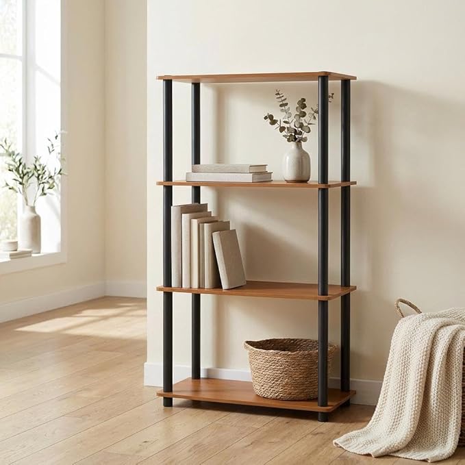 Furnifact Light Cherry Black Bookcase with Wood Construction, Spacious Storage, Stylish Design, Perfect for Home and Office Use