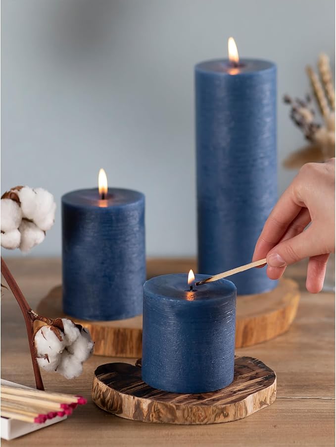 CANDWAX Assorted Pillar Candles Set of 3 – Sizes 3", 4", 8" Unscented Dripless Large Candles, Rustic Style Long Burning for Weddings, Decor – Dark Blue