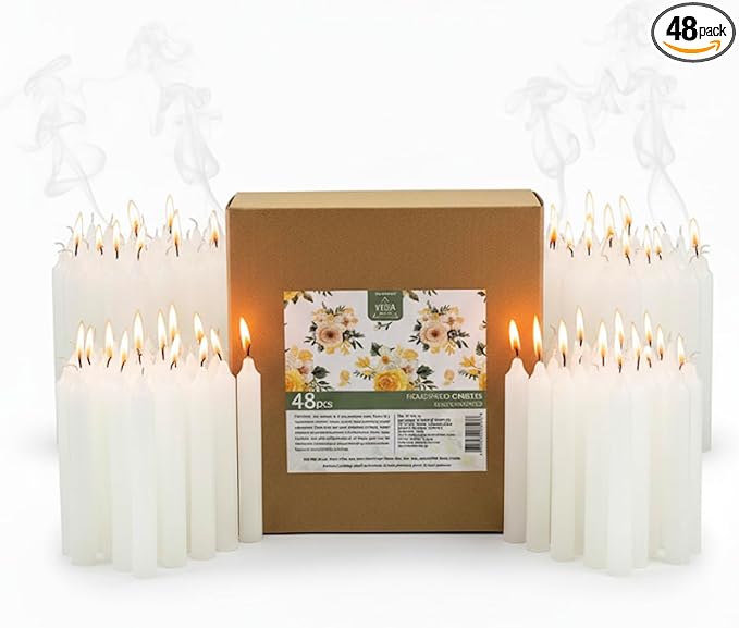 Welburn Veda&Co™ Church Candles, Household, Emergency - Pack of 48, 16mm x 8" (7 Hours Burn Time), 100% Fully Refined Paraffin Wax, for Memorial, Christmas Eve, Shabbat (White)