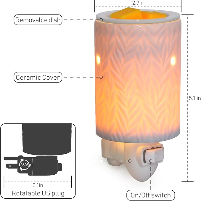 Bobolyn Plug in Wax Warmer Ceramic Electric Wax Melt Warmer Candle Melter Burner for Scented Wax, Scentsy Wax Cubes, No Flame No Smoke No Soot（White Willow Leaves）