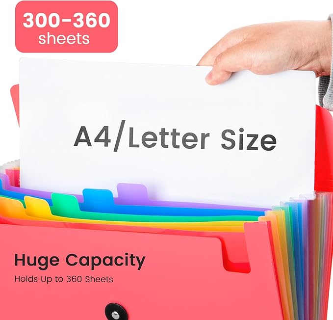 13 Pocket Accordion File Organizer with Elastic Closure, Expanding File Folder for Letter Size A4 Papers, Ideal for Home, Office Supplies, College Essentials - Pink