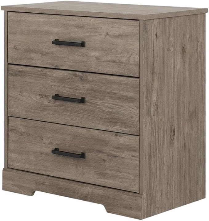 Furnifact Gray Nightstand Bedside Table, Farmhouse End Table with 3 Drawers, Laminate Finish, Rectangular Shape, One Size, Modern Bedroom Storage