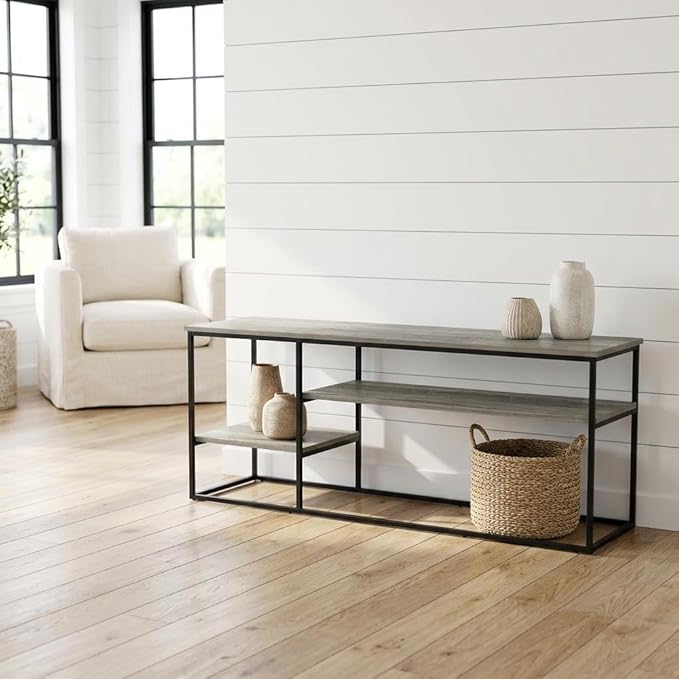 Furnifact Grey French Oak TV Stand for 65 Inch TVs, Modern Wooden Media Console, Durable Construction, Versatile Storage, Contemporary Living Room Style