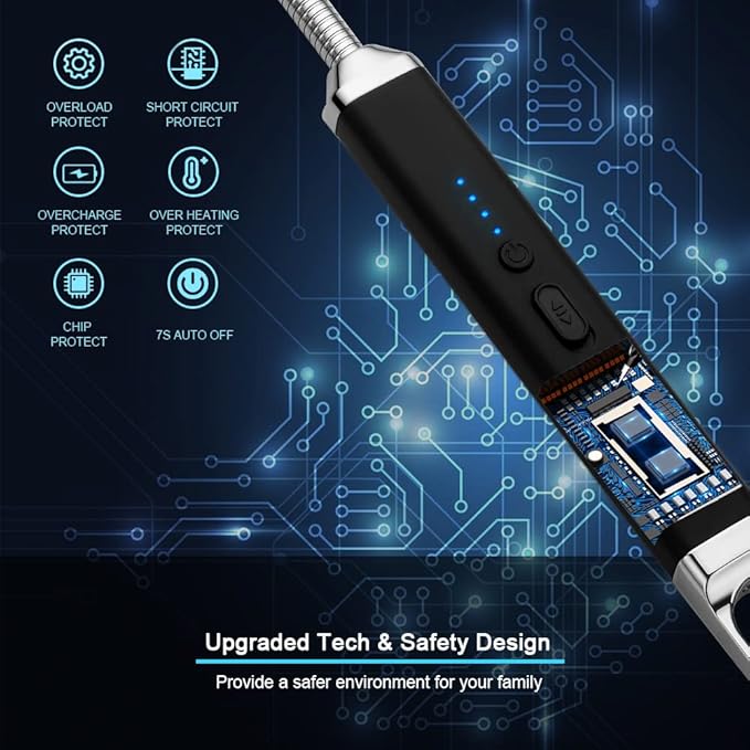 SUPRUS Rechargeable USB Arc Electric Lighetrs with Safety Switch 360° Flexible Neck Flameless Grill Long Lighters for Candle Camping Cooking (Black, 2Packs)