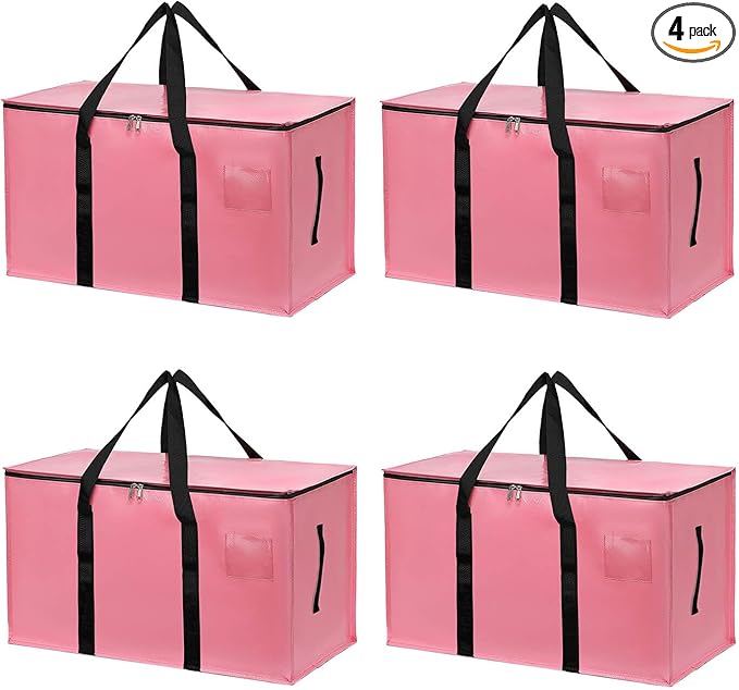 4 Pack Large Moving Bags with Zippers & Carrying Handles, Heavy Duty Storage Tote Moving Boxes ，Space Saving (Pink, 4 Pack)