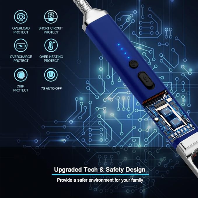SUPRUS Rechargeable USB Arc Electric Lighetrs with Safety Switch 360° Flexible Neck Flameless Grill Long Lighters for Candle Camping Cooking (Dark Blue, 2Packs)