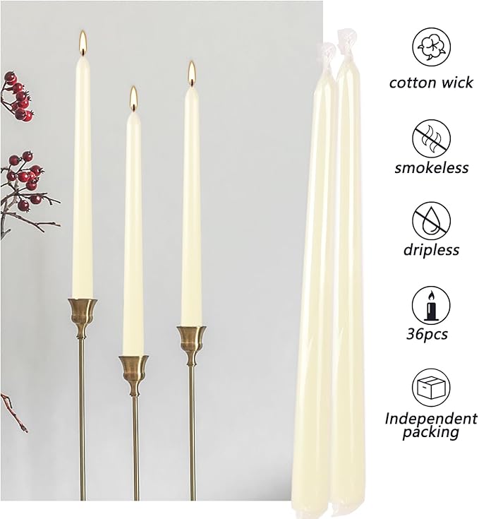 16 Pack Ivory Taper Candles, 7-8 Hours Burn Time, Unscented, Smokeless and Dripless, 4/5 x 10 Inch for Christmas,Household,Dinner,Wedding,Valentine's Day,Party and Home Décor Candlesticks