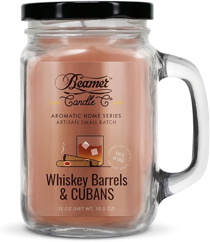 Whiskey Barrels & Cubans Candle – Odor Eliminating, Strong Scent – Whiskey Barrels & Tobacco – Long Lasting 90 Hour Burn – Large 12oz Mason Jar – Made in USA – Beamer Candle Co