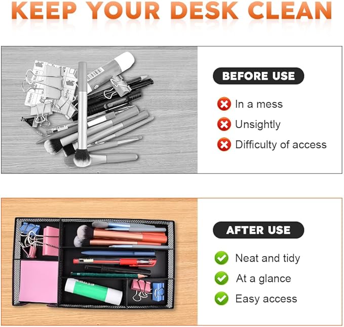Desk Drawer Organizer Tray,11.02 x 6.1 x 1.46inch 6 Compartments Metal Mesh Dividers,Desk Organizers Storage Tray for Pens Organizer,for Desk Drawer Tray Box Accessories