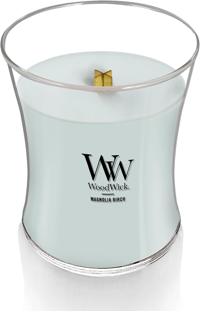 WoodWick Magnolia Birch Holiday Candle Gifts for Women and Men, 9.7 oz Medium Hourglass Candle with Crackling Wick