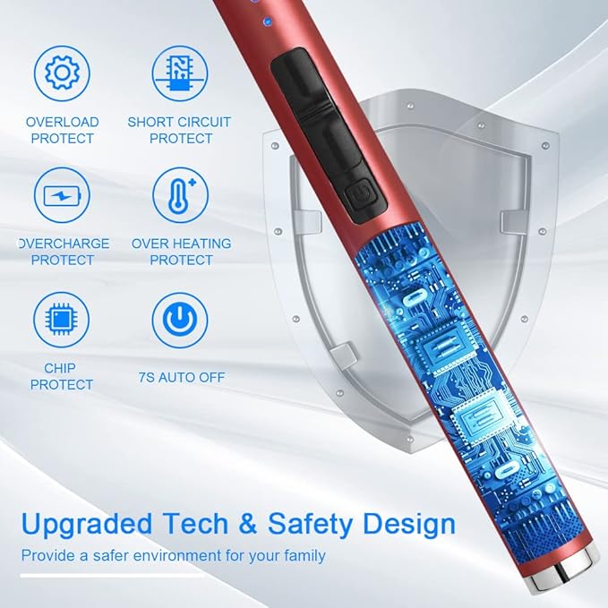 USB Rechargeable Candle Lighter Electronic Arc Lighter Windproof Flameless with Safety Button for Camping Cooking BBQ (Red)