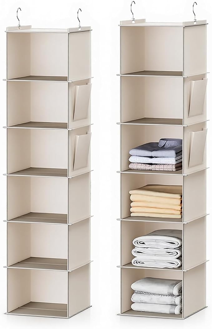 2 Pack 6-Shelf Hanging Closet Storage,Strong Frame Beige Closet Organizer with Side Pockets for Clothes and Accessories, Closet Organizers and Storage Solution, Send Goods from Local Warehouse