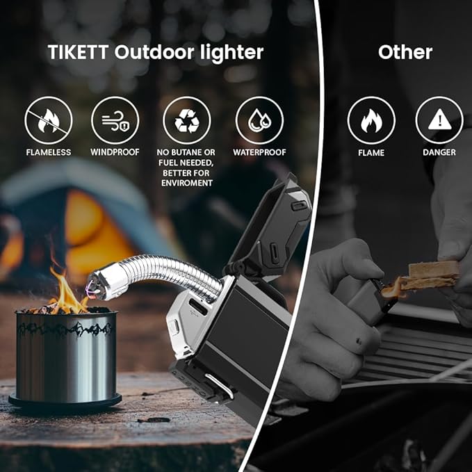 Dual Arc USB Rechargeable Electric Camp Lighter with Retractable Flexible Long Neck Waterproof Windproof Lighter for Outdoor, Grill and Candle (Black)