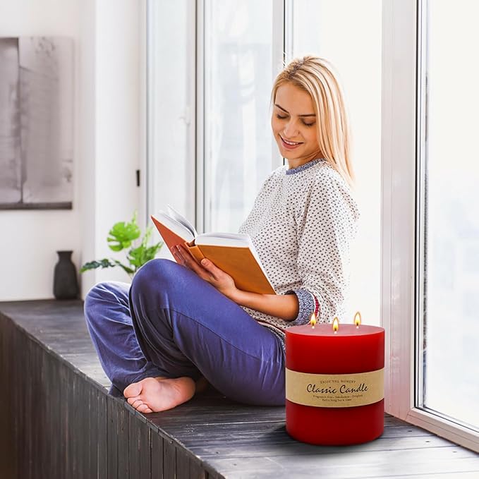 Large 3-Wick Red Pillar Candle - 6x6 Inch Dripless & Smokeless Unscented Fat Candle, 120 Hour Long Burning Hand-Poured Thick Candle with Cotton Wicks