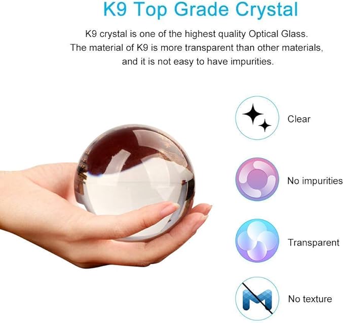 MerryNine 80mm/3.15" Photograph K9 Crystal Ball with Stylish Metallic Stand and Microfiber Clean Cloth, Decorative and Photography Accessory (Clear-Clear)